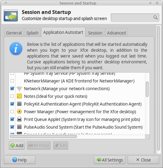 Session and Startup settings